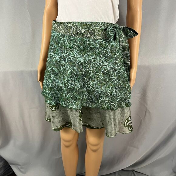 Womens Wrap Skirt Green Paisley Tiered Flowy Bohemian Hippie Magic Festival OS - Picture 1 of 3